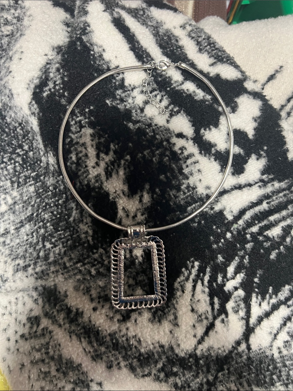 Silver Rectangular Pendant Choker Necklace - Women's Jewelry